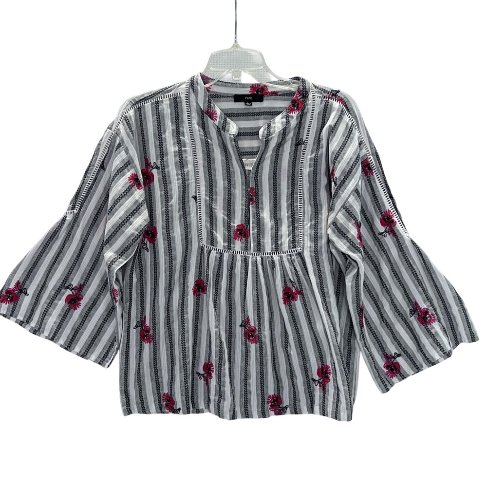 Fate Womens Large Striped Floral Embroidered Cotton Blouse Gray Red White